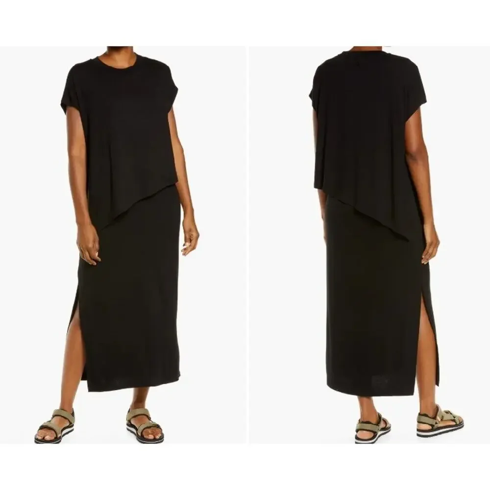 Sweaty Betty Mellow Midi Dress Sz M Black Asymmetrical Viscose Blend Minimalist - Picture 8 of 8